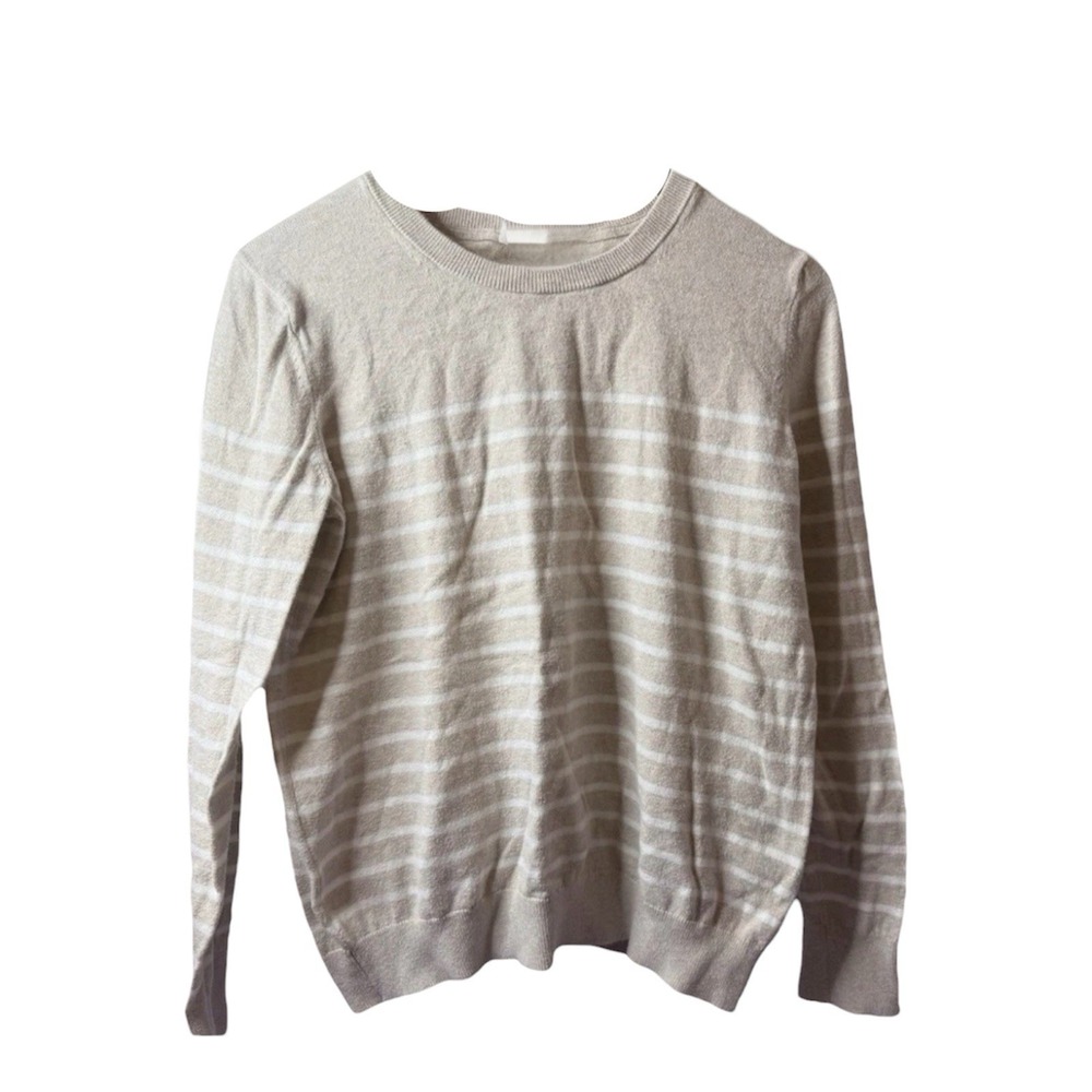 Gap Beige Striped Sweater Pullover Women Size M Knit Long Sleeve Round Neck